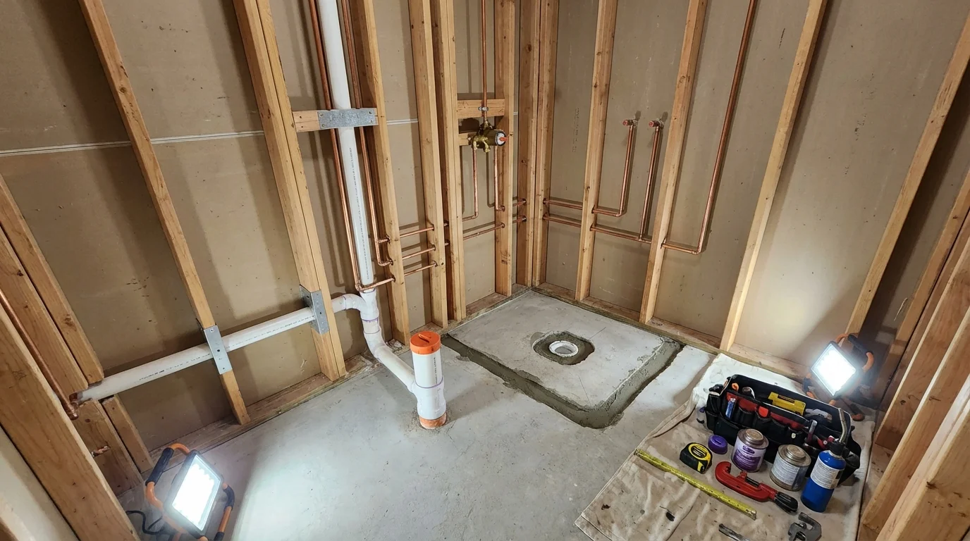 Bathroom rough-in plumbing during remodel by Johns Plumbing LLC in Greeley