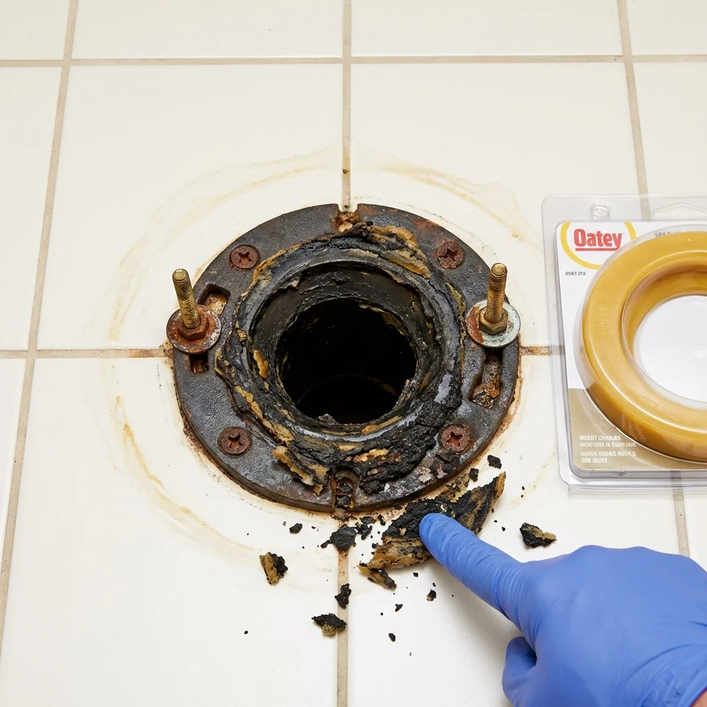 Failed wax ring showing water seepage at the base of a toilet in a Greeley, CO home
